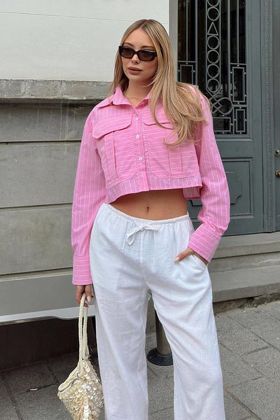 Swist Pink Cargo Pocket Shirt Collar Women's Crop Shirt