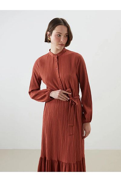 LC Waikiki LCWAIKIKI Klassisches orangefarbenes Musselin-Damenkleid mit Richterkragen