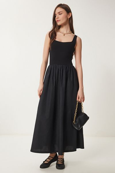 Lovelyİstanbul Rochie din popelin cu top tricotat elastic și fustă NEGRĂ LFN0084