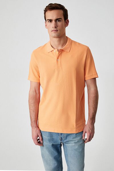 GRIMELANGE Zeke Men's Polo Neck Relaxed Fit Placket Button Short Sleeve Orange T-Shirt