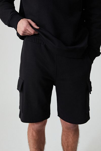 GRIMELANGE Cervino Men's Elastic Waist Embroidery Detailed Cargo Pocket Comfort Black Shorts
