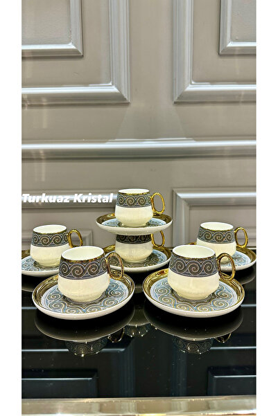 Kosova Züccaciye Kosova 6 Kişilik Porselen Zeugma Kahve Fincan Takımı Seti