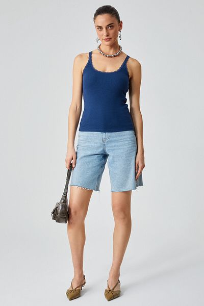 GRIMELANGE Barry Women &Apos; S Collar and Sleeve House with a Thin Lace of a Flexible Interlock Fabric of a Dark Blue Athlete