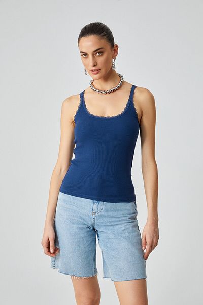 GRIMELANGE Barry Women &Apos; S Collar and Sleeve House with a Thin Lace of a Flexible Interlock Fabric of a Dark Blue Athlete