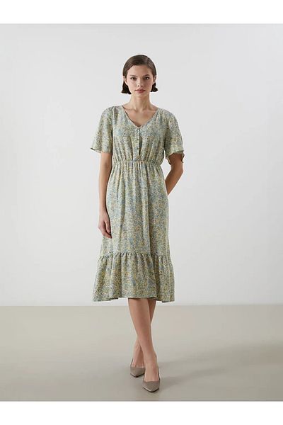 LC Waikiki Γυναικείο φλοράλ φόρεμα LCWAIKIKI Classic Green V λαιμόκοψη