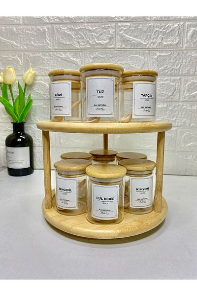 MODA OZY 12-Piece Bamboo Lid Borosilicate Glass Spice Rack with Rotating Stand (Label Spoon Included) 200ml
