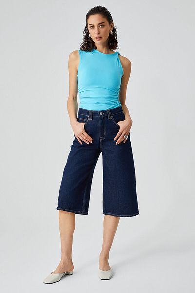 GRIMELANGE Florianna Women Viscose Lycra Twisted Shoulder Double Layer Draped Turquoise Blouse