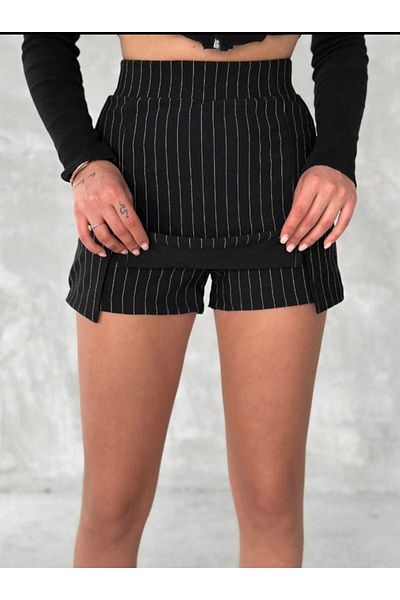 Butik Fusta scurtă cu dungi Merrline pentru femei, neagră, jacquard, din țesătură premium, confortabilă, cu două fante
