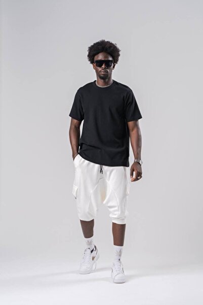 Superbluemexico Men's Cargo Pocket Loose White Baggy Capri Shorts