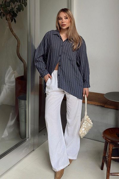Swist Smoked Zis Striped A-Pile Single Pocket Women's Oversize Shirt