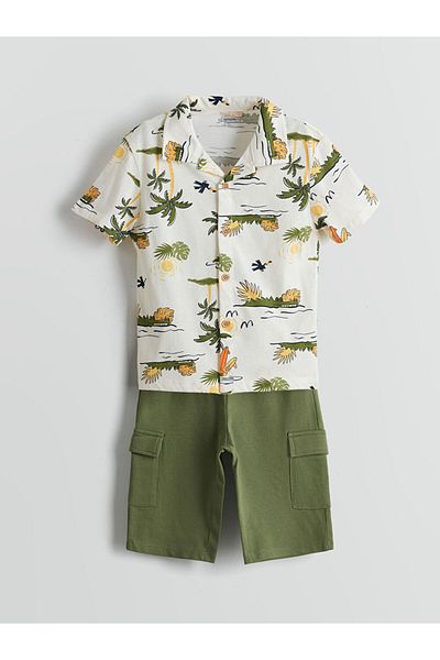 LC Waikiki Beige Printed Boys' Shirt and Shorts 2-Piece
