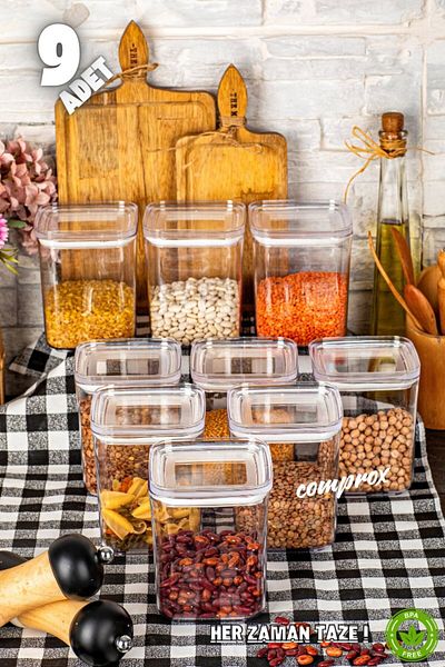 Comprox مجموعة حاويات تخزين الطعام المربعة المكونة من 9 قطع (أكريليك) - غطاء محكم الغلق، منظم Bpafree