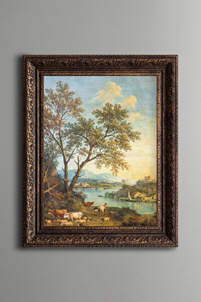 epiqart Çoban ve Arkasında Bir Köy Bulunan Bir Nehir Manzarası - Vintage Desenli Çerçeve