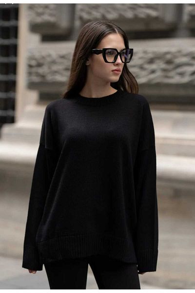 trikomode Black Crew Neck Oversize Women's Soft Knitwear Sweater