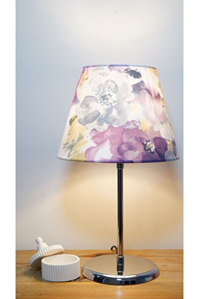 retro home design Krom Ayaklı Mor Çiçek Konik Şapkalı Masa Lambası 1 Adet Abajur Salon Yatak Odası