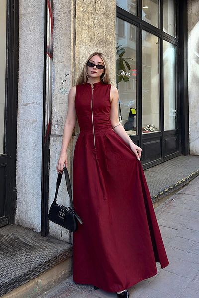 Swist Burgundy Cris Zipper Double Pocket Pleated Women Midi Dress