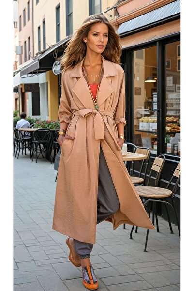 Pasaklı Giyim Kadın Yeni Sezon Ürün İnce Salaş Kemerli Cepli Düğmeli Yumuşak Dokulu Uzun Trençkot Hırka 3335370