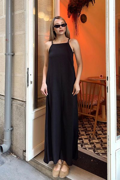 Swist Rochie midi pentru femei, cu bretele subțiri, cu decolteu, cu fante duble, amestecate de in