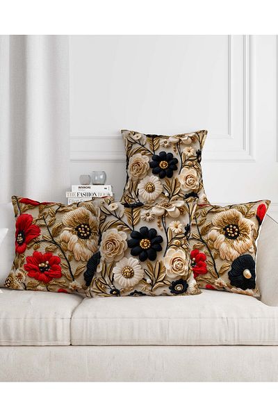 Şah Dekor Model de broderie Punch Imprimare digitală Negru/crem 4 buc. Față de pernă din catifea de lux