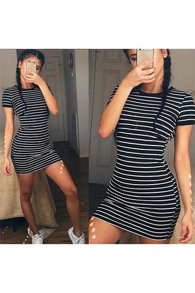 cottony.store Rochie sport cu mâneci scurte cu model în dungi Rochie casual Trend - Rochie elegantă - de vară