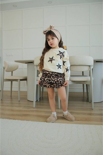 ARBİ kids Girl's Star Detailed Leopard Print Skirt, Stylish Suit for Eid