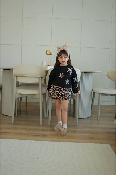 ARBİ kids Girl's Star Detailed Leopard Print Skirt, Stylish Suit for Eid