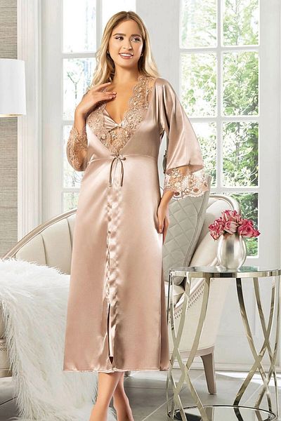 bacc Women's Mink Satin Lace Detailed Nightgown Dressing Gown Double Set Bcan- 252607 Fa