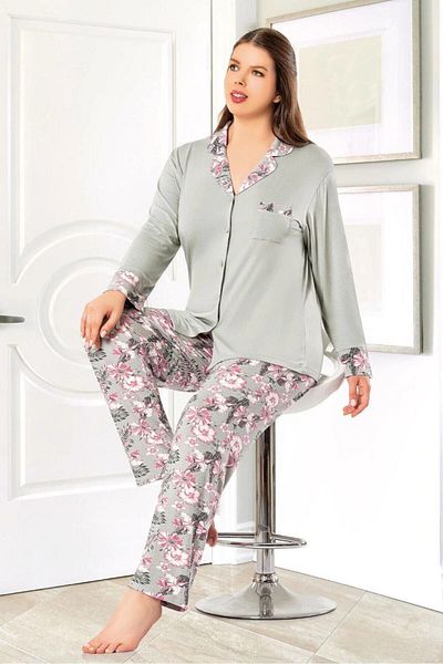 bacc Women's Gray Floral Patterned Buttoned Oversize Pajama Set Bcan- 258802 Fa