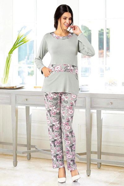 bacc Women's Gray Floral Patterned Pajama Set Bcan- 258601 Fa