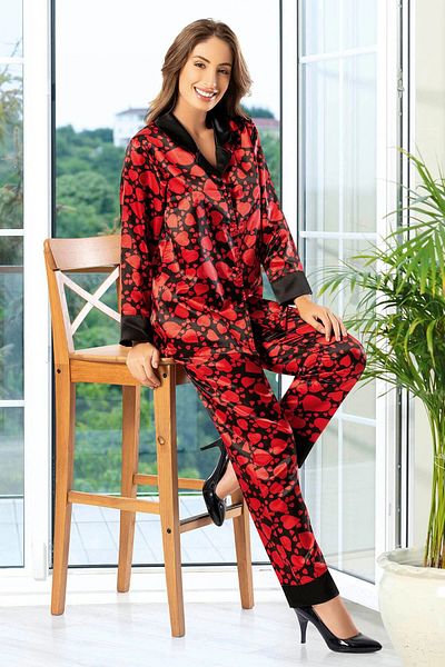 bacc Red Black Satin Sleeve and Leg Sections Black Cuffed Heart Patterned Pajama Set Bcan- 254604 Fa