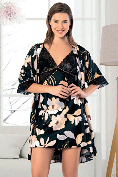 bacc Дамски комплект от 2 части: нощница и халат от черен сатен с дигитален п...