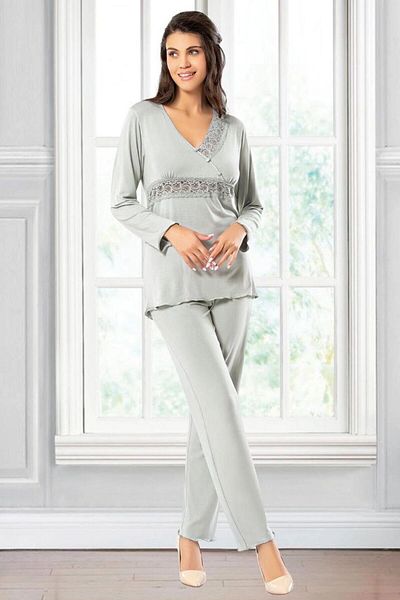 bacc Women's Gray Lace Detailed Pajama Set Bcan- 258614 Fa