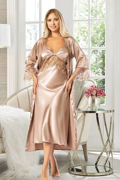 bacc Women's Mink Satin Lace Detailed Nightgown Dressing Gown Double Set Bcan- 252607 Fa