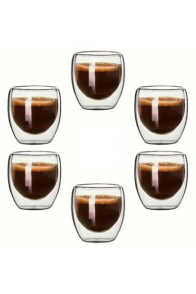 Generic Set of 6 Double Layer Borosilicate Glass Tea Coffee Cup Espresso Cup Hot and Cold Drinks Cup 80ml