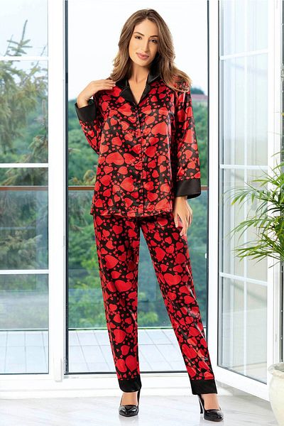 bacc Red Black Satin Sleeve and Leg Sections Black Cuffed Heart Patterned Pajama Set Bcan- 254604 Fa
