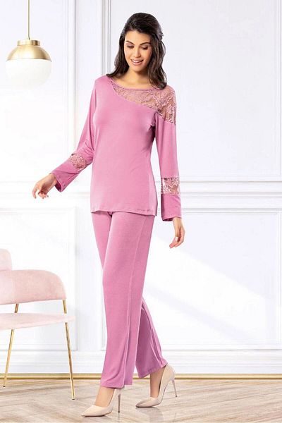 bacc Women's Dusty Rose Lace Detailed Pajama Set Bcan- 258617 Fa