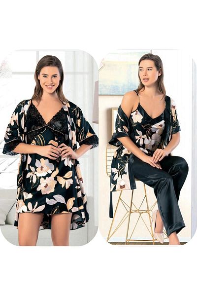 bacc Women's Black Floral Satin Nightgown Dressing Gown Suit Pajamas Suit 5-Piece Bridal Dowry Set Bcan-255Fa