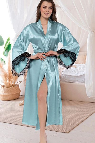 bacc Women's Mint Green Satin Lace Detailed Kimono Long Dressing Gown Bcan- 255903 Fa