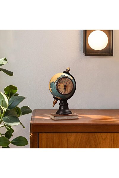 Wolawood Vintage Dünya Haritası Saat Dekor – El Yapımı Retro Biblo, Dekoratif Konsept Hediyelik Masaüstü Set