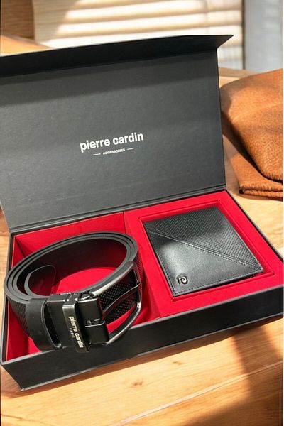 Pierre Cardin طقم هدايا كاجوال للرجال من حزام الدنيم والمحفظة الأفقية