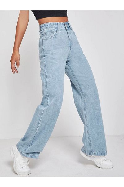 SHEVEGA Ice Blue High Waist Lycra Wide Leg Palazzo Jean Trousers