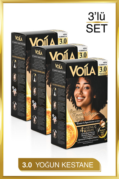 Voila Kadın 3lü Paket Keratin Kalıcı Yoğun Kestane 3.0 Saç Boyası