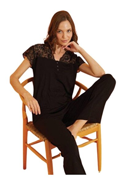 bie's Set de pijamale cu mânecă scurtă, cu mânecă scurtă, cu nasturi, cu decolteu în V, din viscoză, lycra