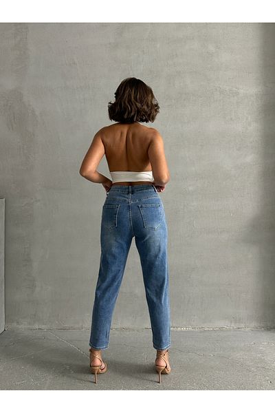 ADA MODA Blugi mom fit elastici cu strasuri aplicate pe lateral