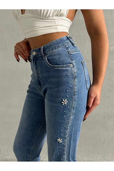 ADA MODA Blugi mom fit elastici cu strasuri aplicate pe lateral