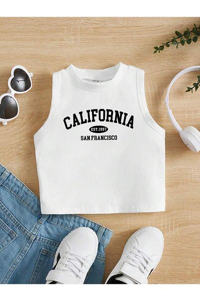 vinraus Tricou alb cu mânecă zero cu imprimeu California pentru fete/băieți