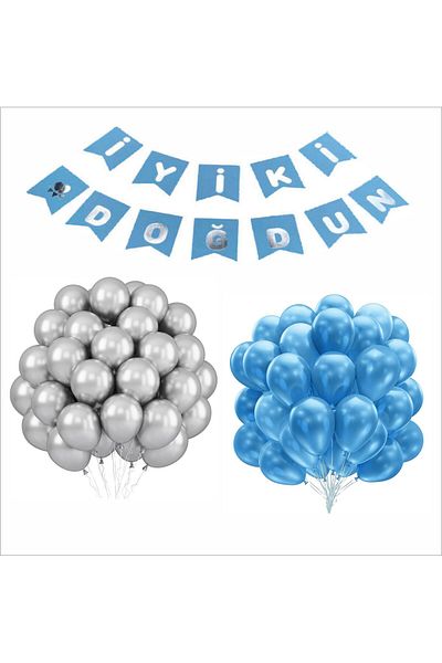 ZENVİVA Blue-Silver Balloon+Banner Set