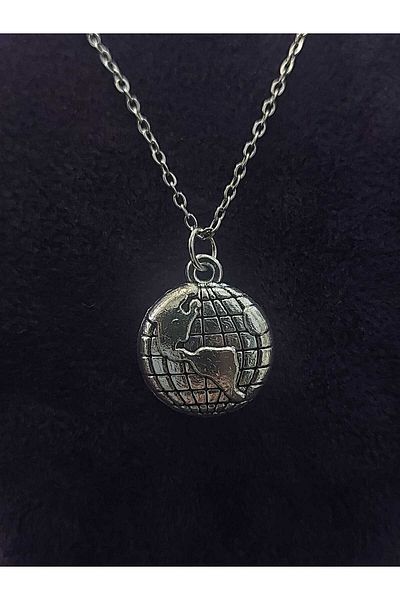 sarıyer silver Earth Globe Model Map and Planet Themed Embossed Print Embroidered Modern Design Steel Necklace