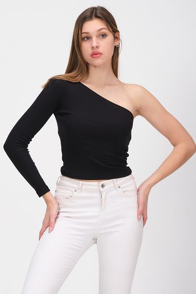 PUNKY CAT Women's Black One Shoulder Open Long Sleeve Ribbed T-Shirt Blouse