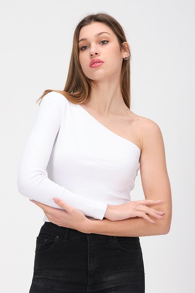PUNKY CAT Women's White One Shoulder Open Long Sleeve Ribbed T-Shirt Blouse